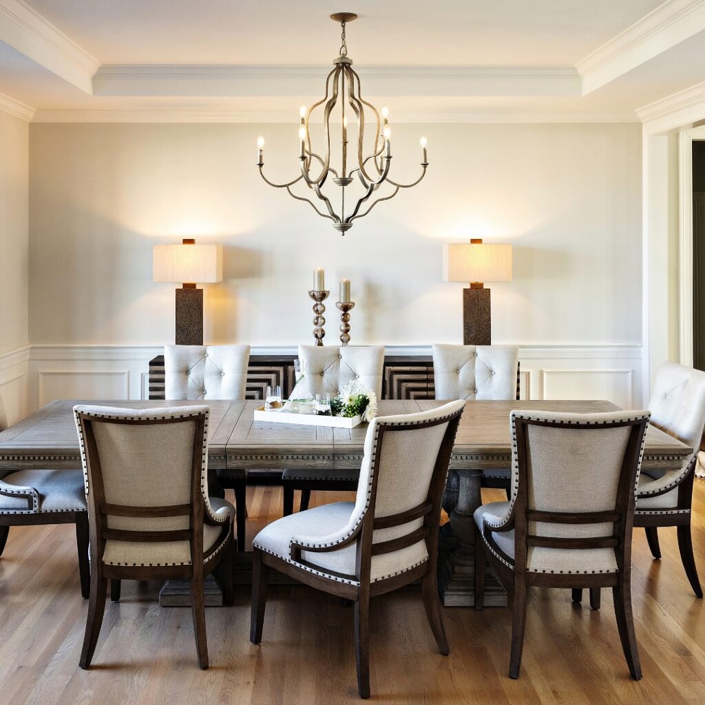 Elegant and Serene Dining Room with Rustic Chandelier

