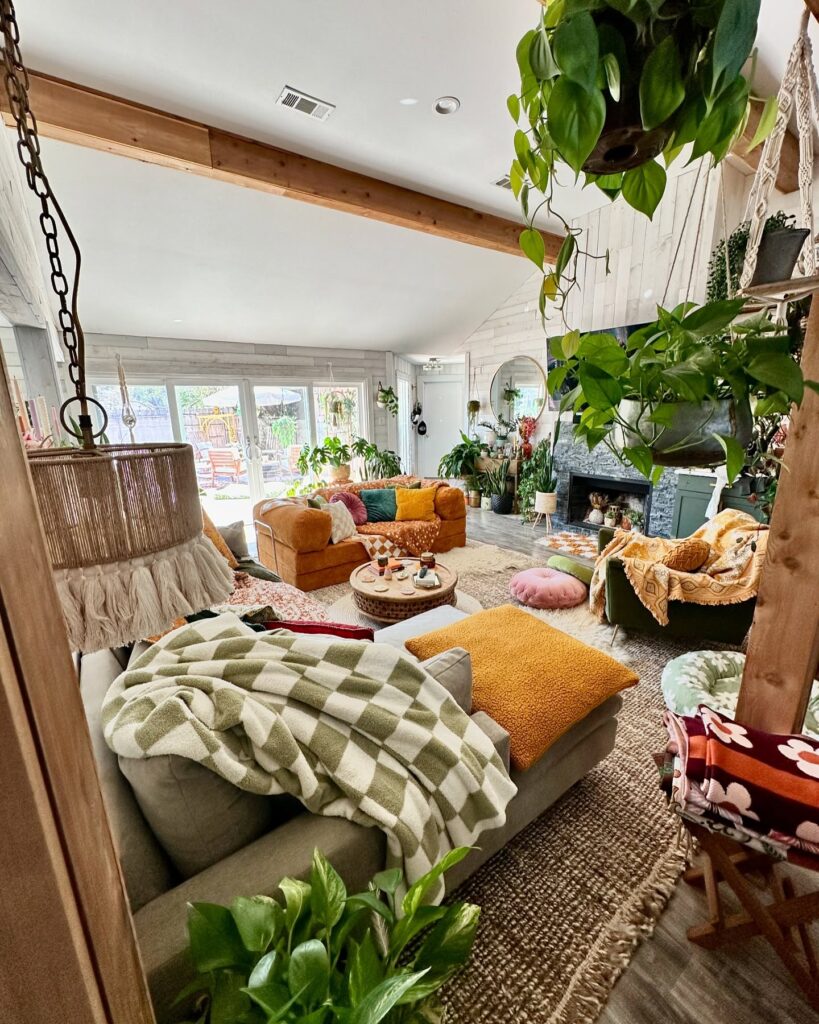 Lush and Bohemian Living Room with Abundant Plants

