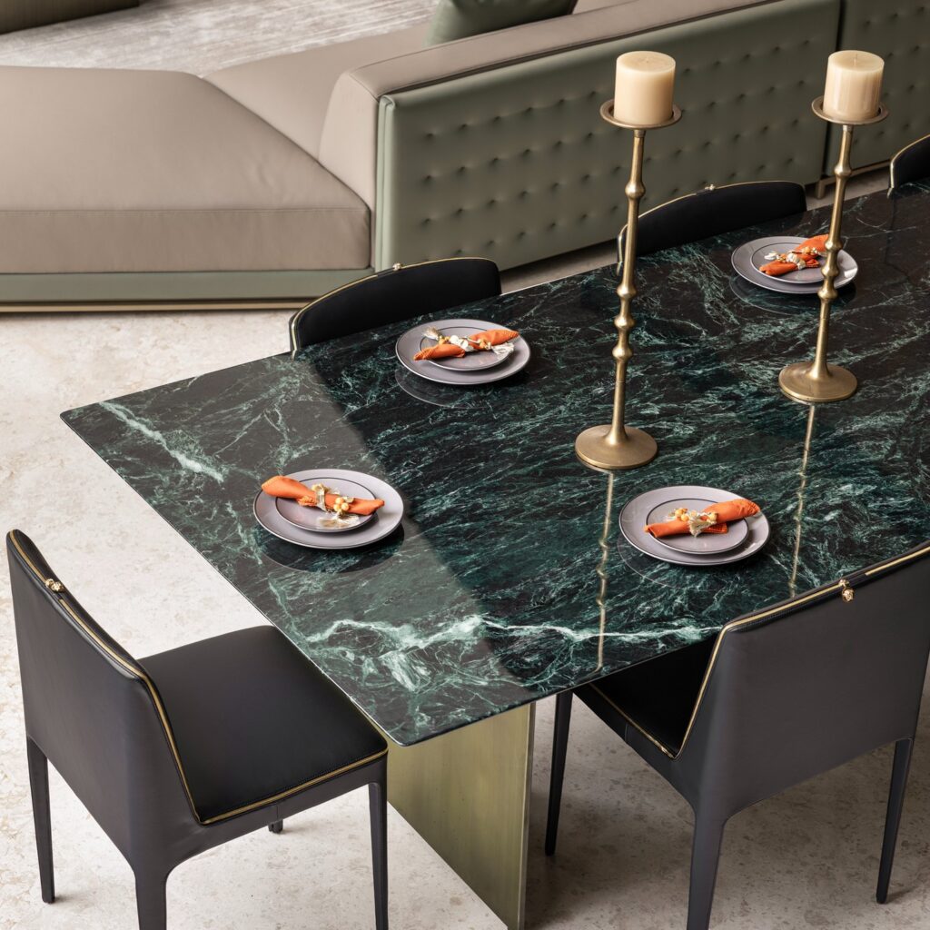 Luxurious Dining Area with Emerald Marble Table

