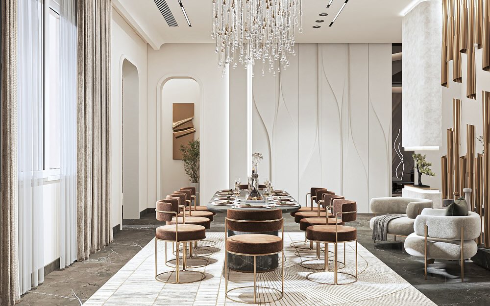 Luxurious and Modern Dining Room with Dramatic Chandelier

