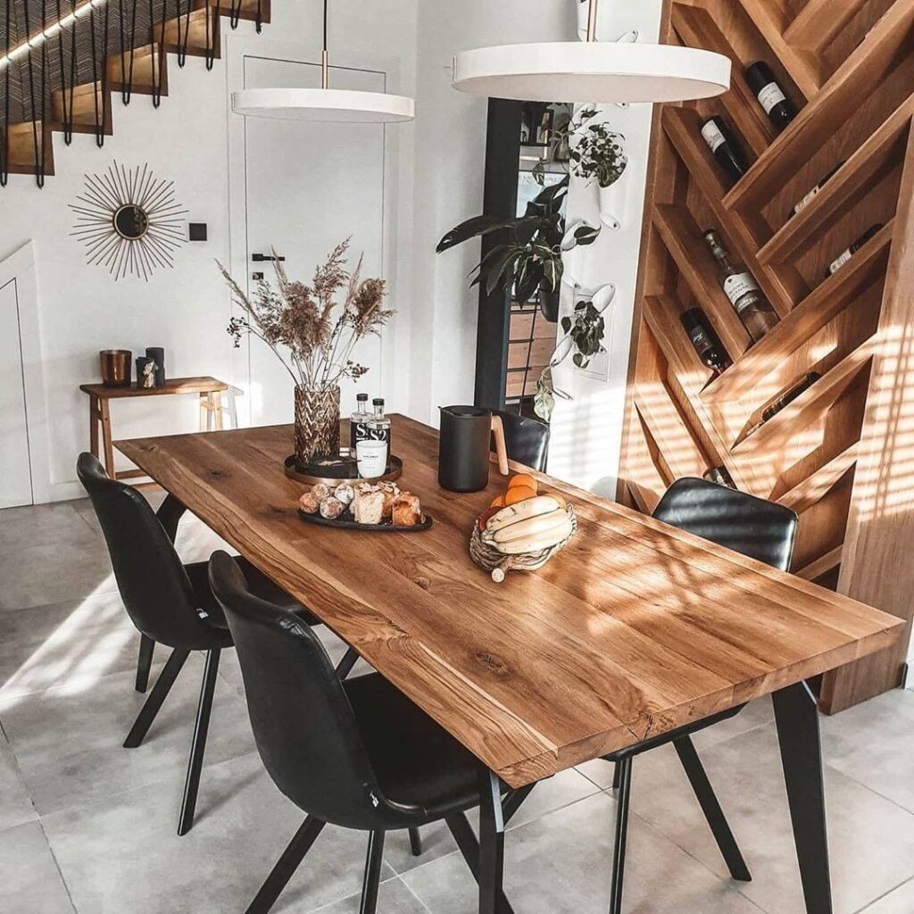 Modern Dining Area with Natural Wood and Geometric Accents

