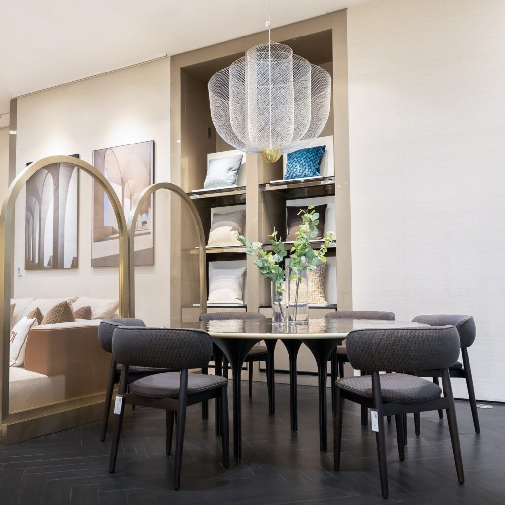Modern Dining Area with Sculptural Chandelier

