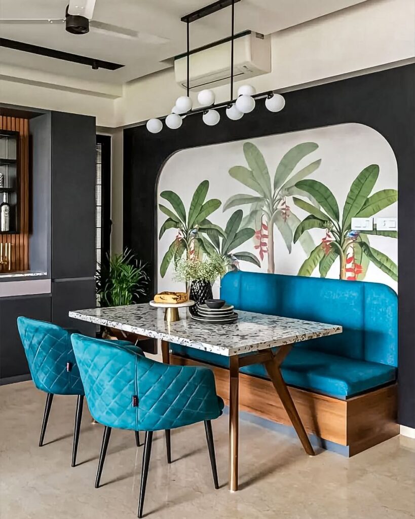 Modern Dining Nook with Tropical Mural Accent

