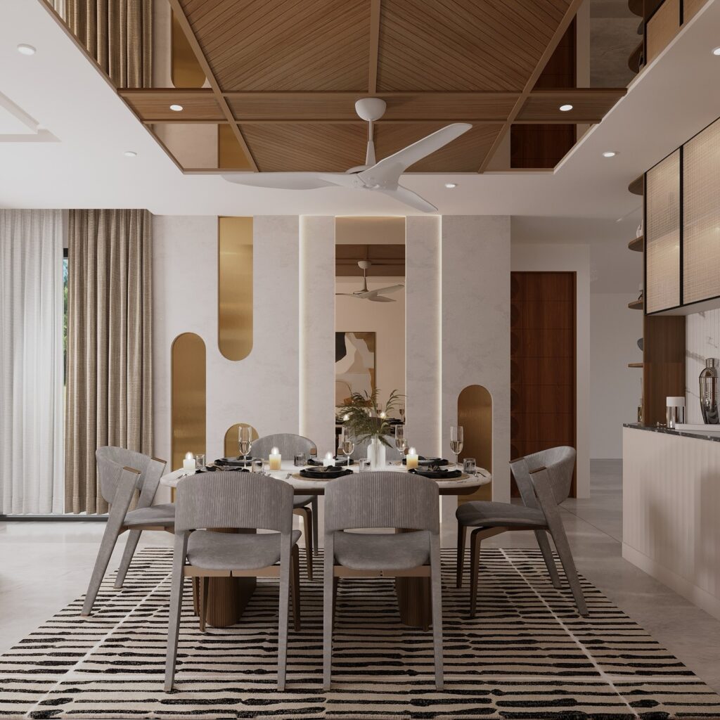 Modern Elegant Dining with Unique Ceiling Design

