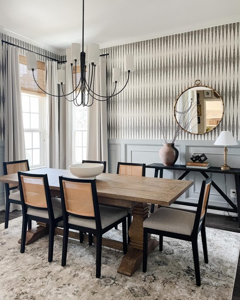 Modern Farmhouse Dining Room with Patterned Wallpaper


