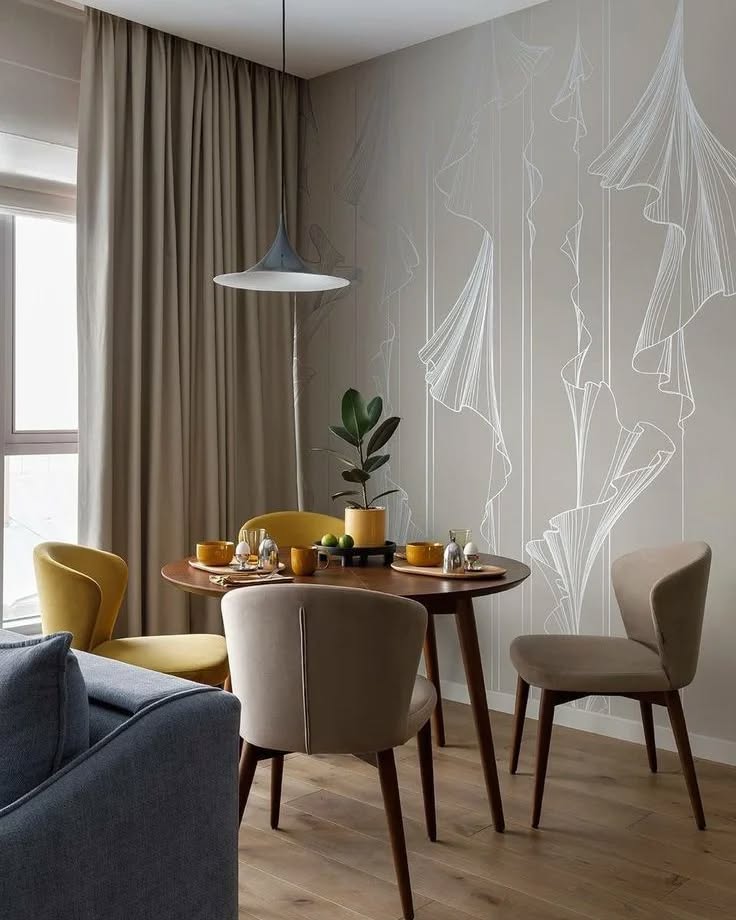 Modern and Compact Dining Nook with Elegant Wallpaper


