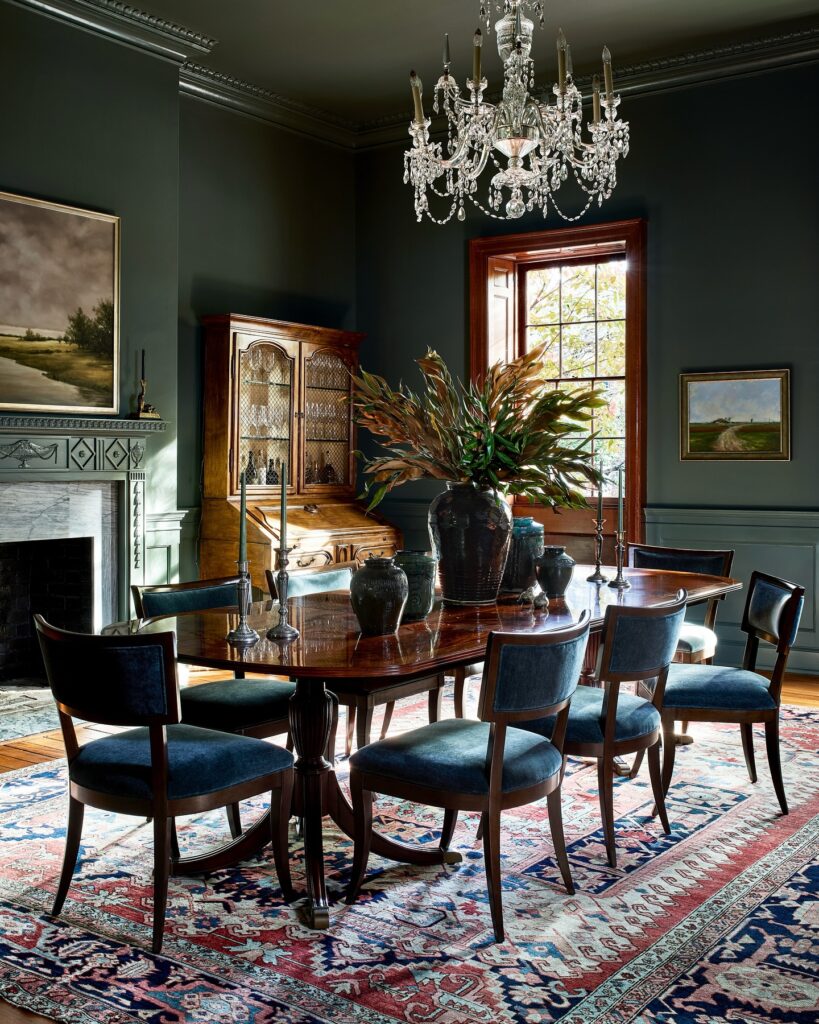 Moody and Elegant Dining Room with Antique Charm

