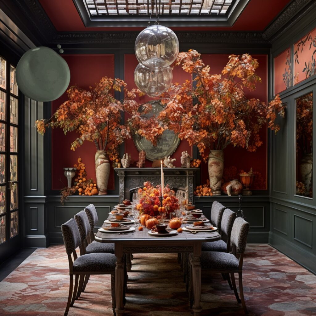 Rich Autumnal Dining Room with Dramatic Flair

