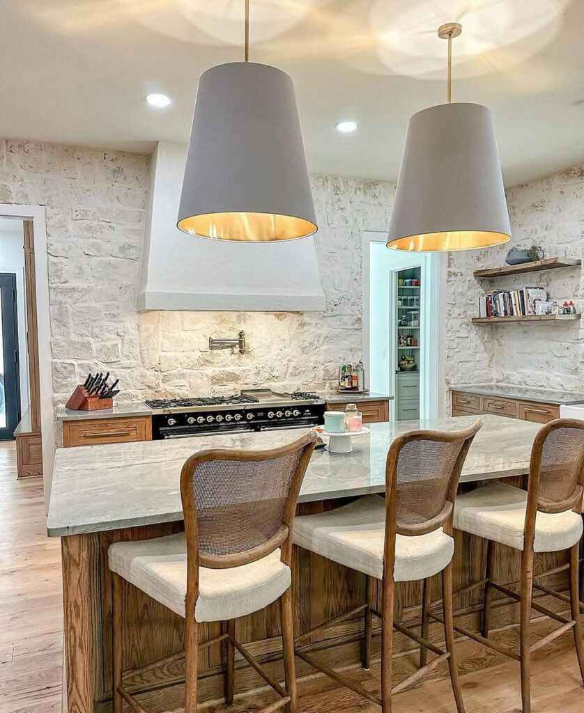 Rustic Modern Kitchen Island with Statement Pendants

