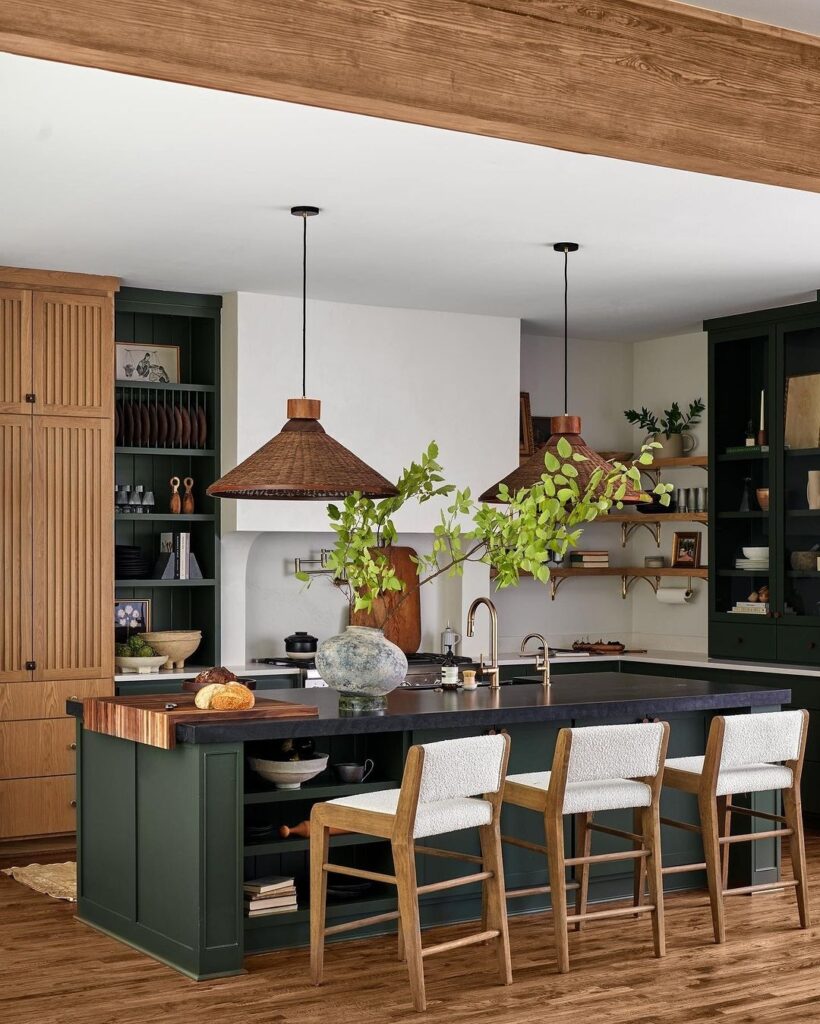 Rustic Modern Kitchen with Dark Green Island


