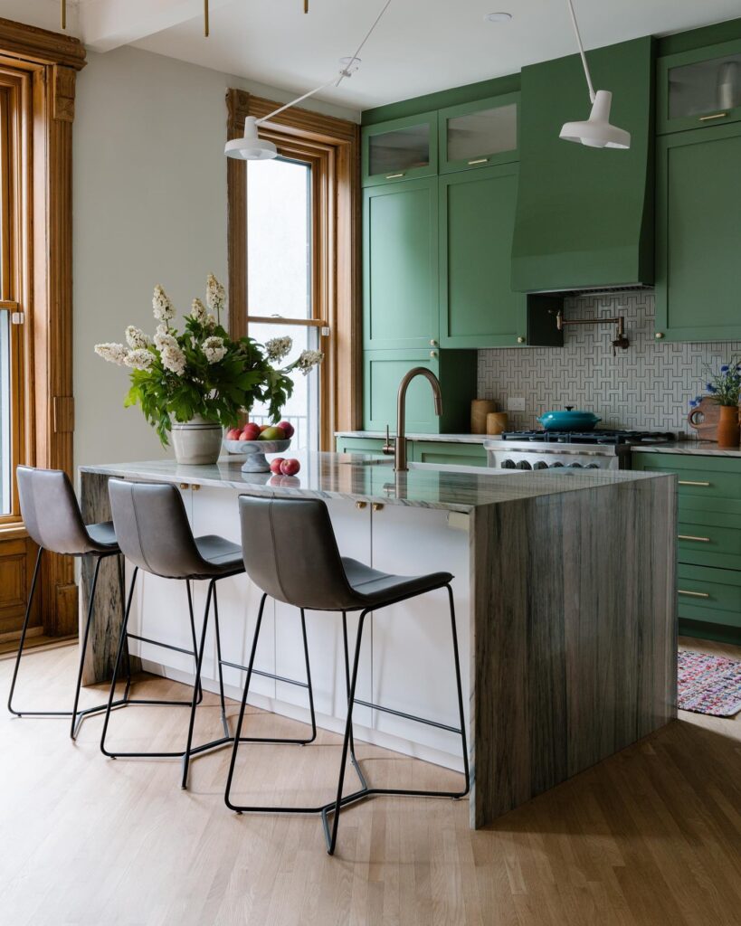 Stylish Green Kitchen Island with Modern Seating

