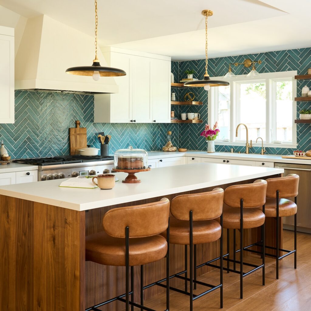 Stylish Kitchen Island Dining with Teal Backsplash
