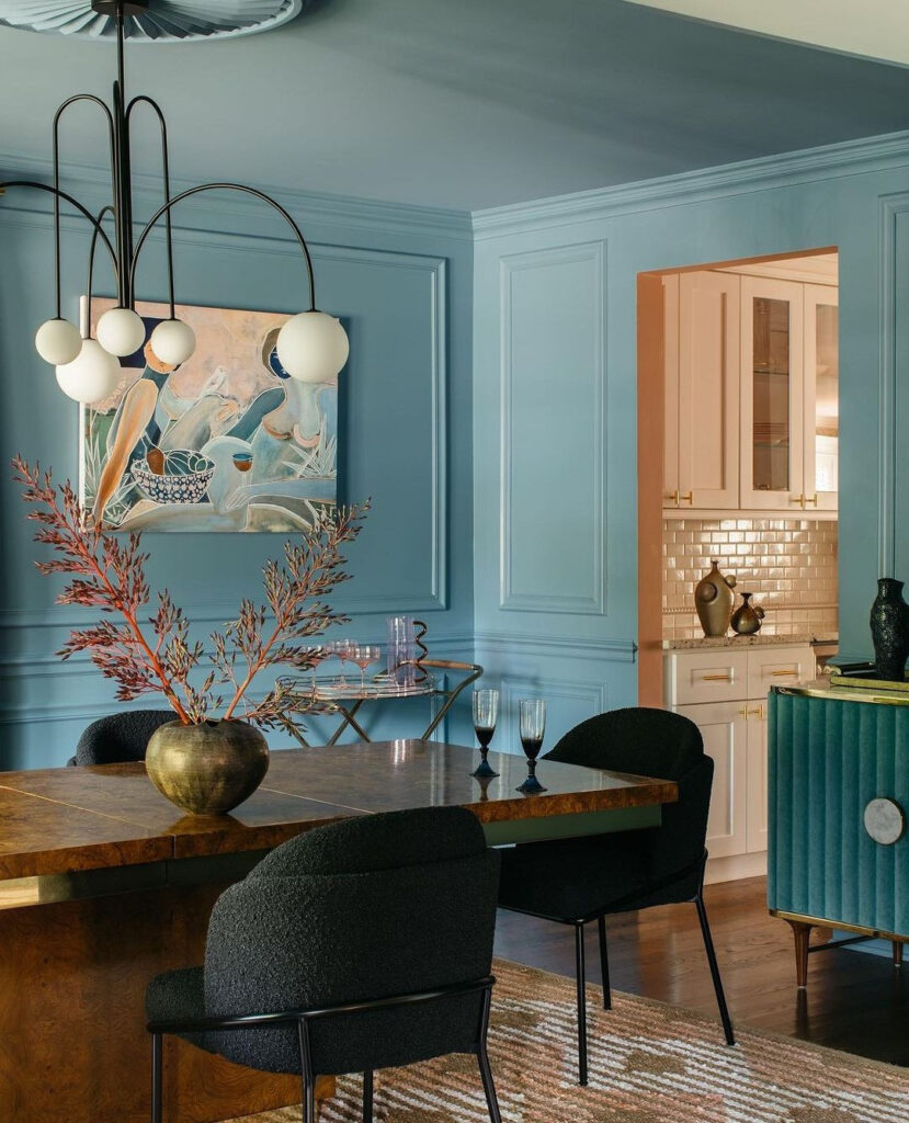 Stylish Teal Dining Room with Modern Art

