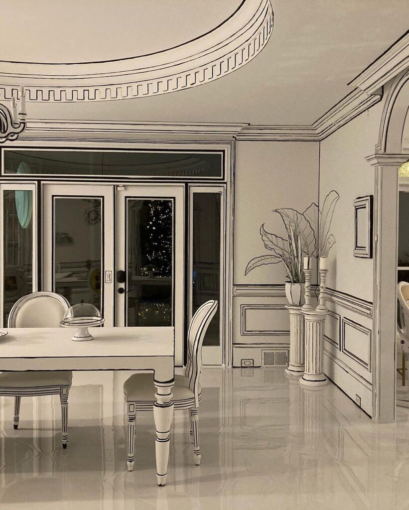 Surreal Monochromatic Dining Room with Illustrated Style

