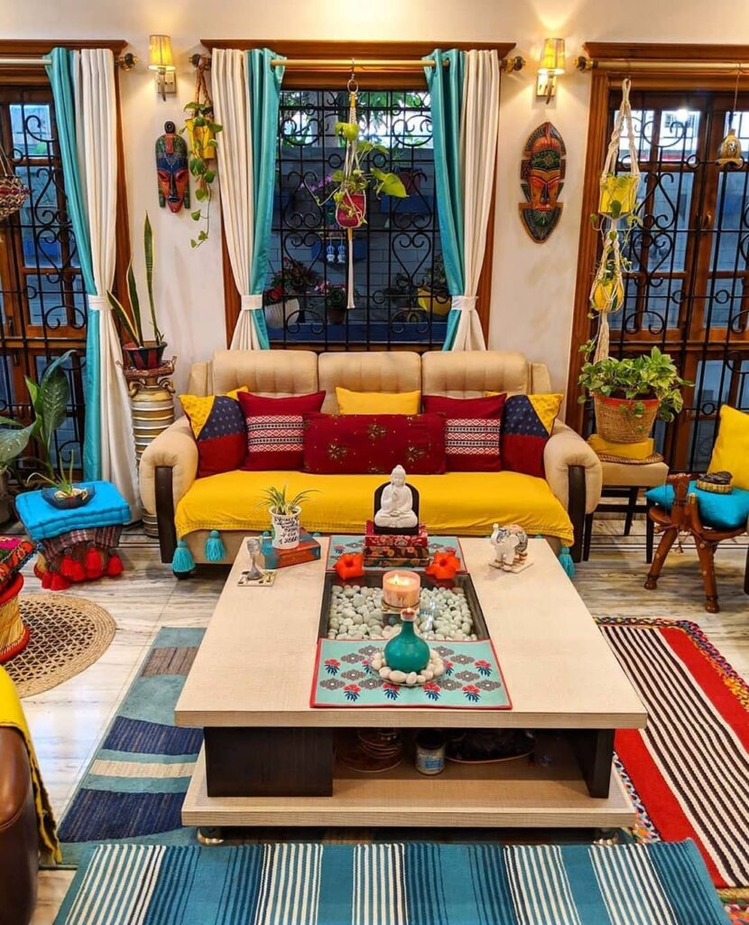 Vibrant and Eclectic Living Room with Global Influences

