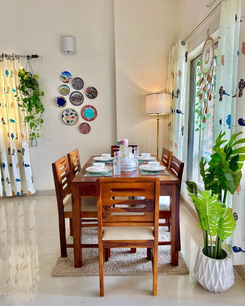 Warm and Eclectic Dining Area with Wooden Furniture

