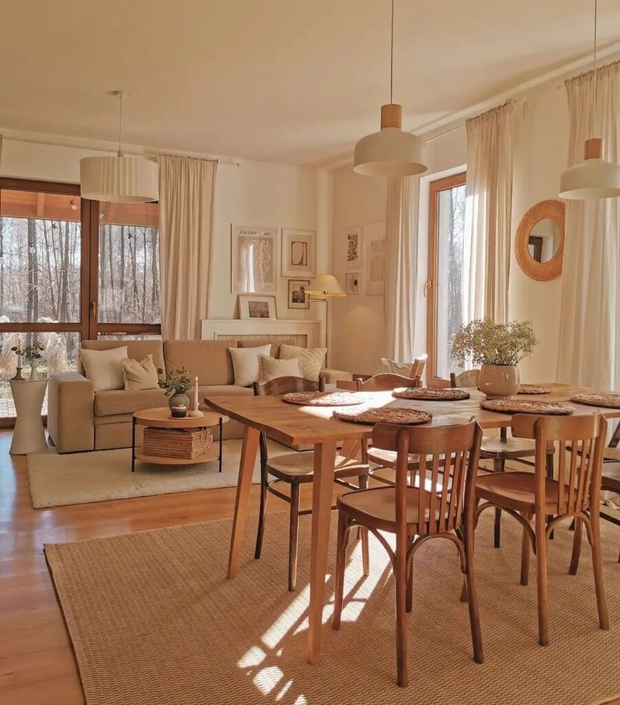Warm and Natural Open-Plan Living and Dining Area

