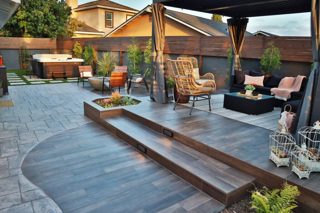 Boho-Chic Patio Rattan Chair and Hot Tub Retreat
