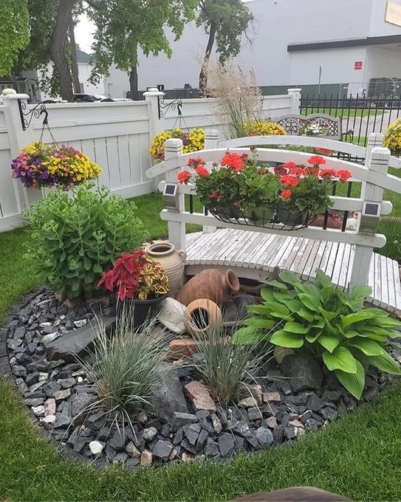 Charming Garden Nook White Accents and Lush Plantings
