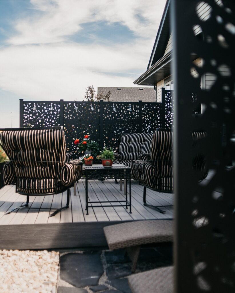 Chic Patio Seating Patterned Chairs and Laser-Cut Privacy
