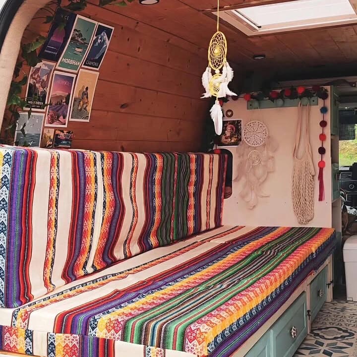 Cozy and Colorful Vanlife Sleeping and Lounging Area

