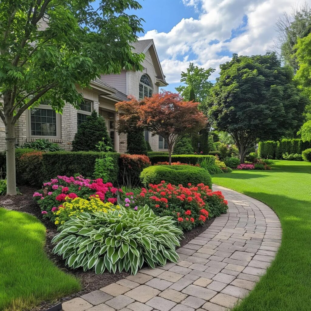 Curving Flower Bed Bordering a Brick Pathway
