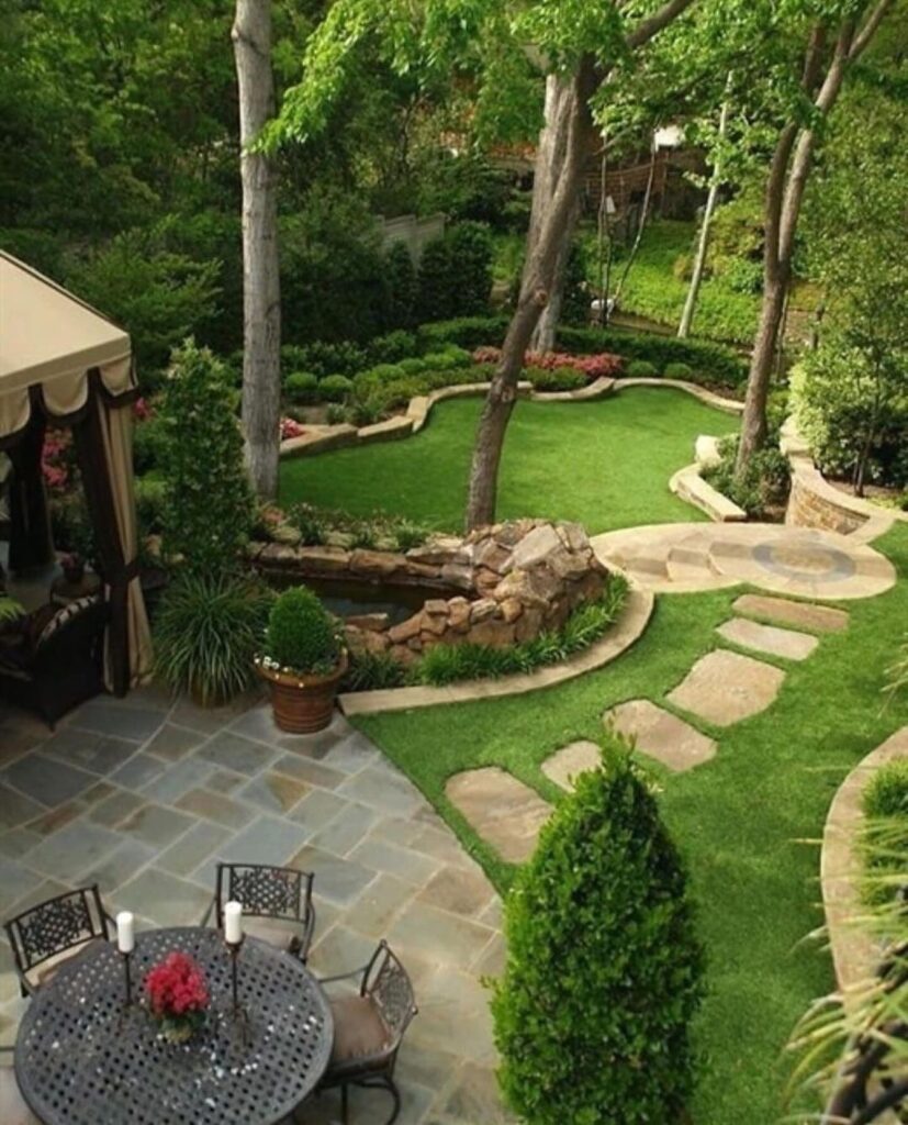 Elegant Garden Design Stone Paths and Lush Greenery
