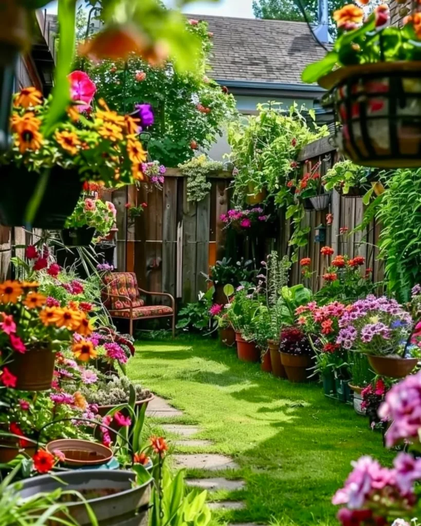 Lush Backyard Flower Beds and Pathway
