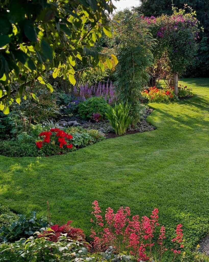 Lush Garden Path Red Valerian and Vibrant Blooms
