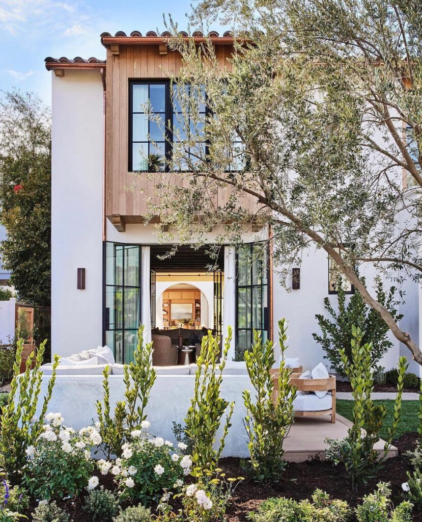 Mediterranean Villa Garden White Blooms and Olive Trees
