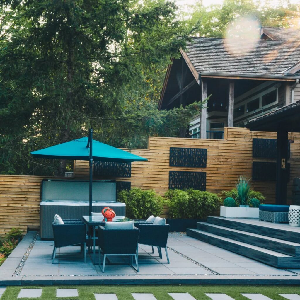 Modern Backyard Retreat Ipe Deck, Hot Tub, and Privacy
