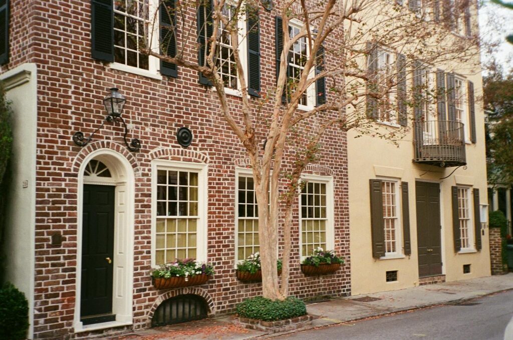 Red Brick Townhouse Decorated for Halloween
