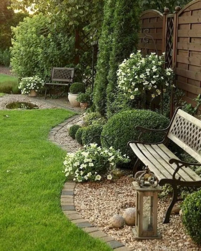 Serene Garden Benches and Blooming Petunias

