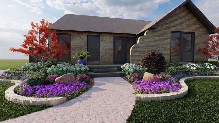 Symmetrical Front Yard Flower Beds with Stone Borders
