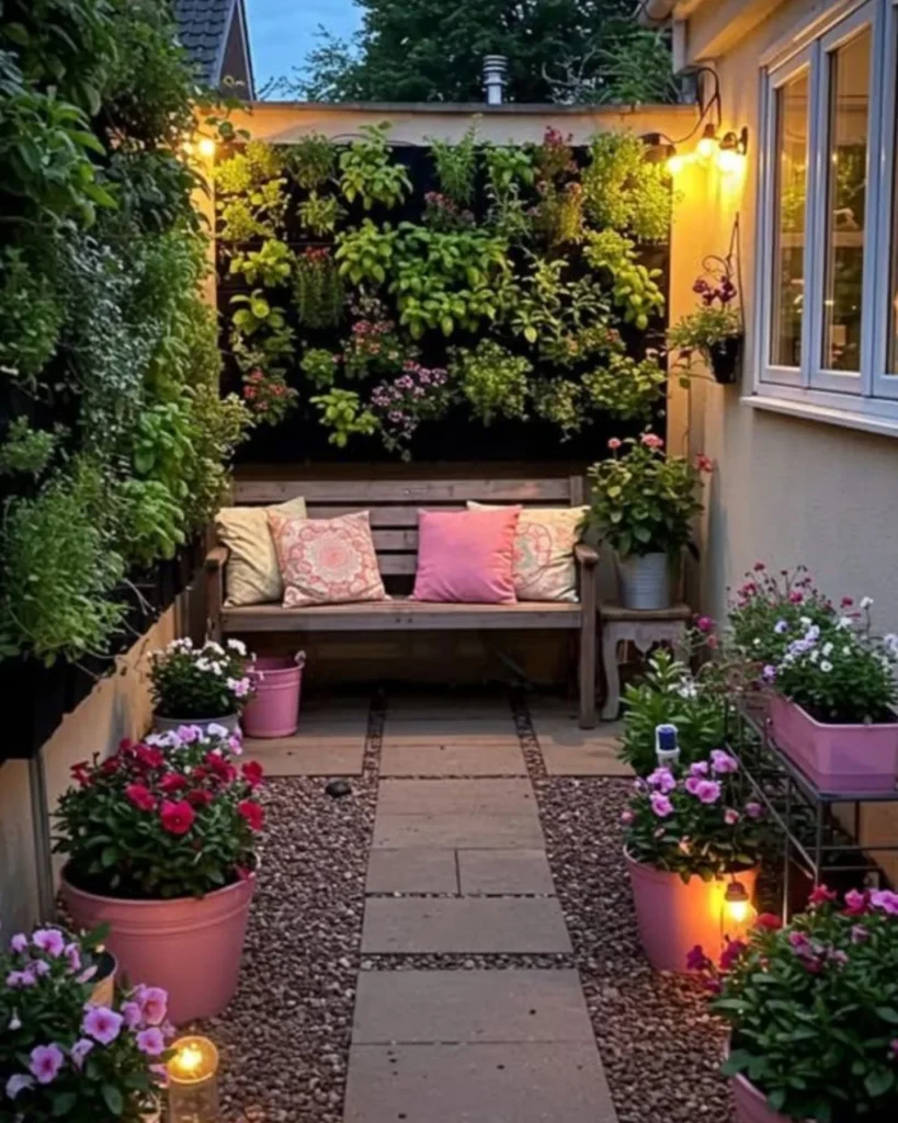 Vertical Garden with Stone Pathway and Pink Planters
