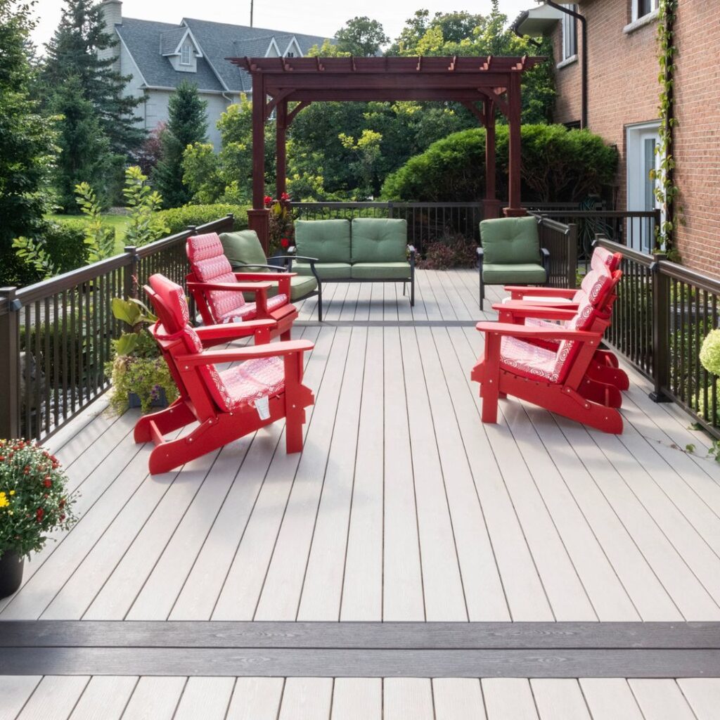 Vibrant Deck with Adirondack Chairs and Pergola

