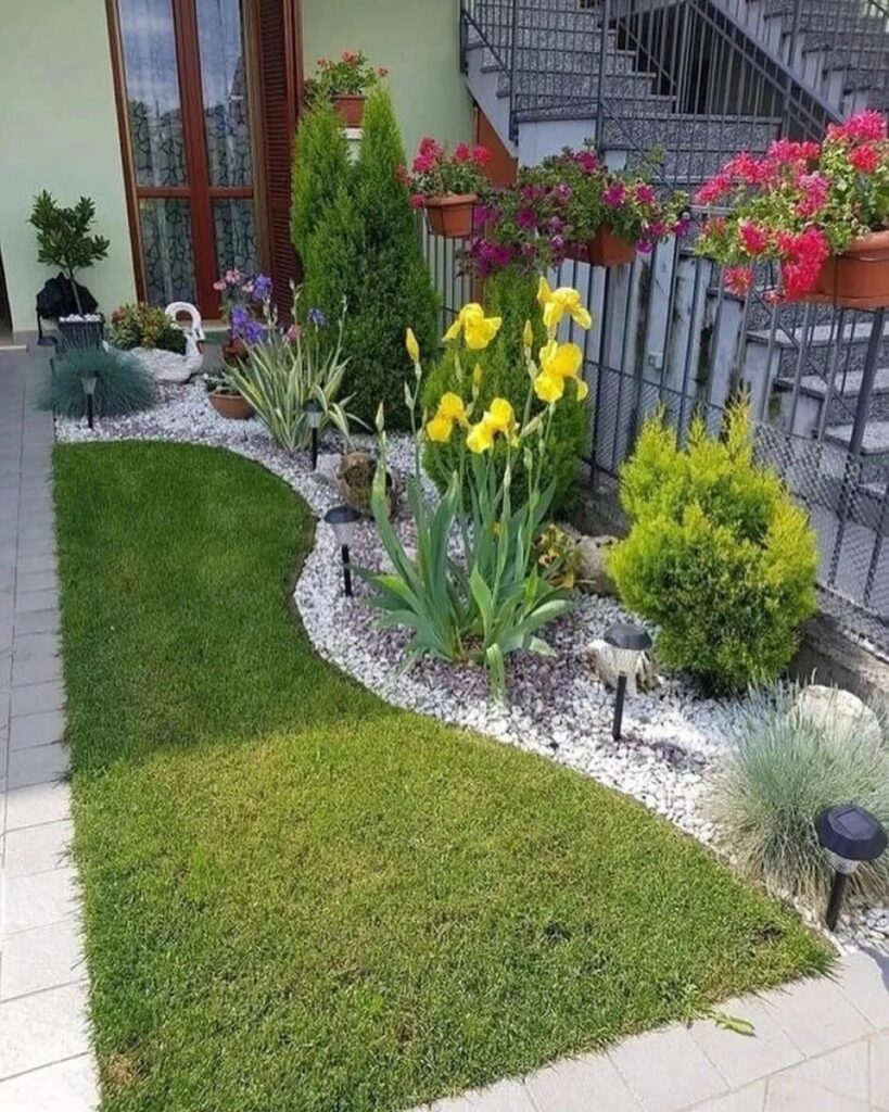 Vibrant Flower Bed with Irises and Gravel Path
